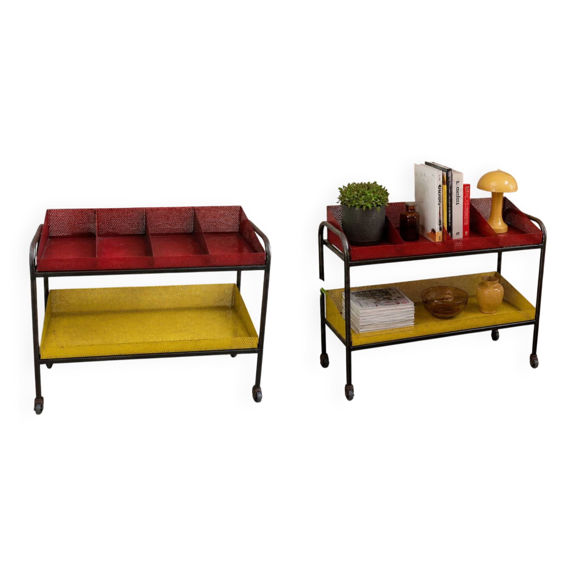 Vintage perforated metal dessert trolley — Mathieu Matégot style — 1950s