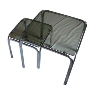 Beautiful pull-out tables, chrome and smoked glass base design "Vintage" 70.