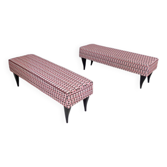 Pair of Vintage Benches with Red Patterned Fabric Upholstery, Italy