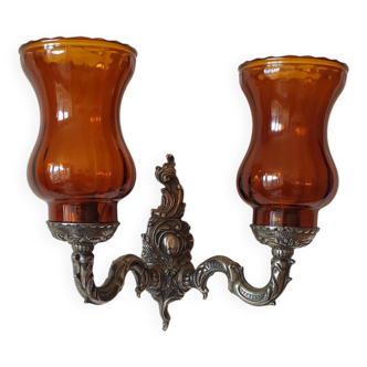 Silver-colored chiseled metal wall light, 2 lights with orange glass tulip