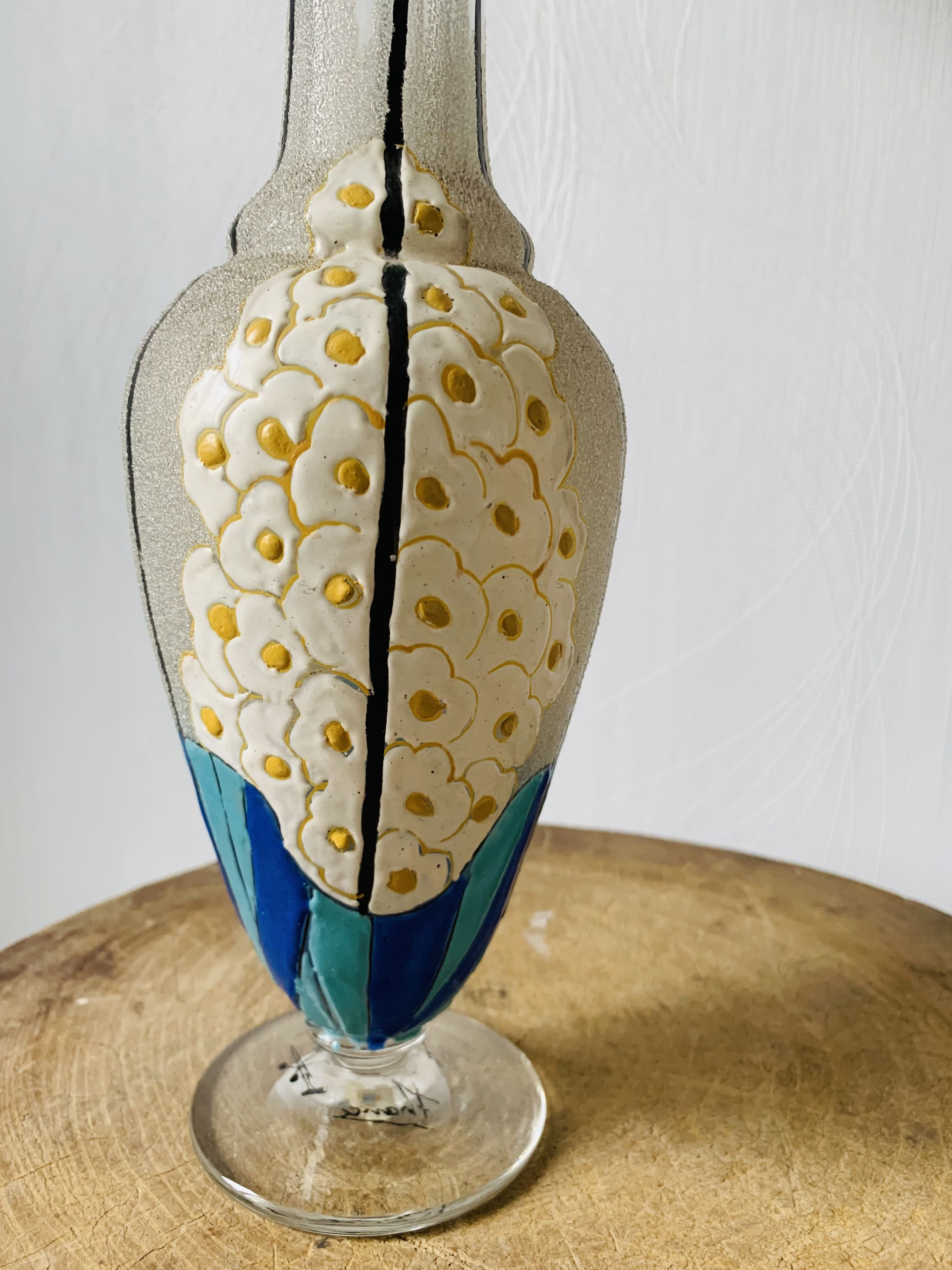 Glass and enamel vase with art deco flower decoration signed Mazoyer