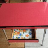 Table set and 2 vintage vintage pale red formica chairs