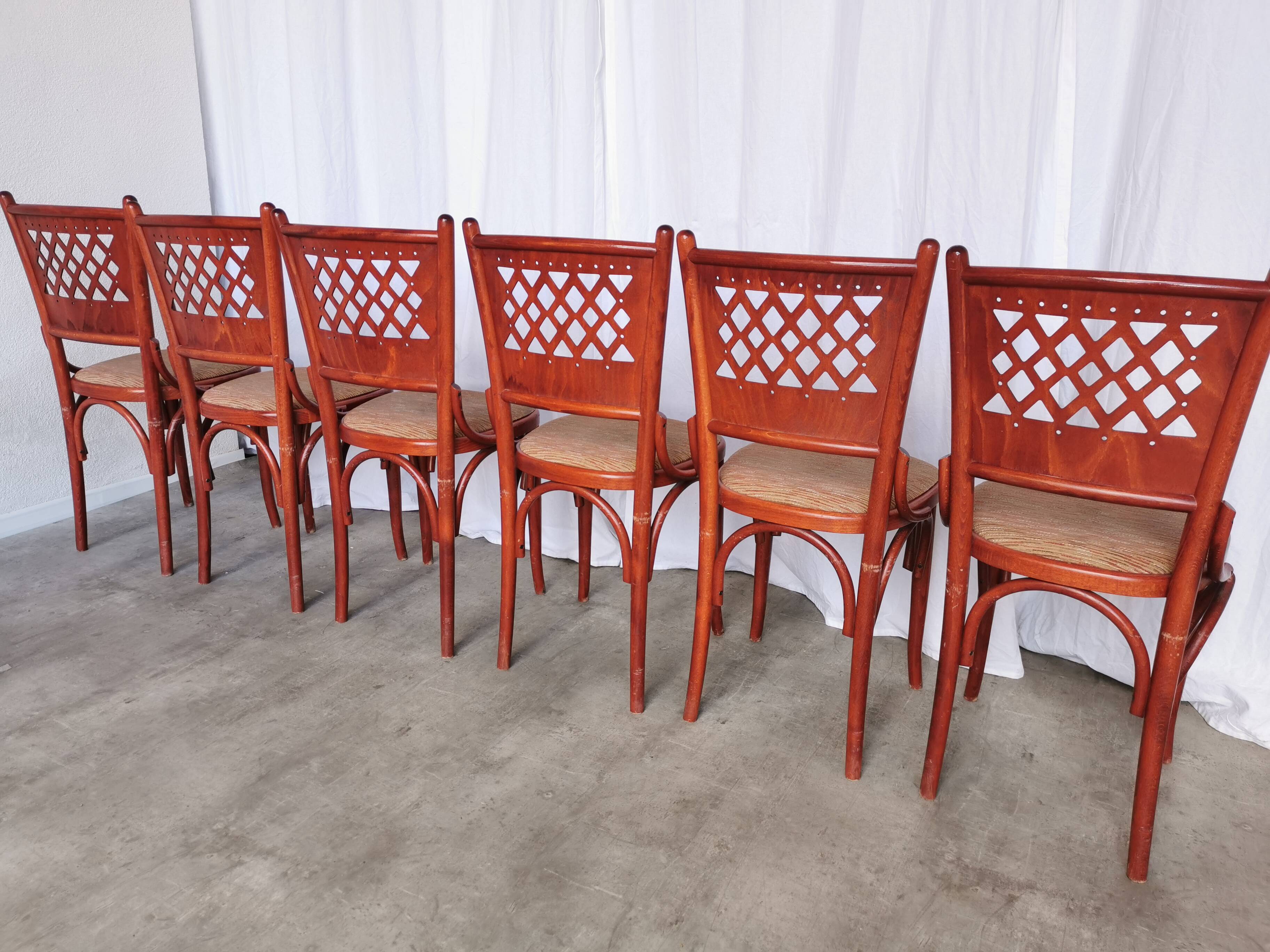 Vintage Italian Bistro Chairs - 1980s Reddish Wood, Brown Fabric - Set of 6