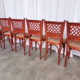 Vintage Italian Bistro Chairs - 1980s Reddish Wood, Brown Fabric - Set of 6