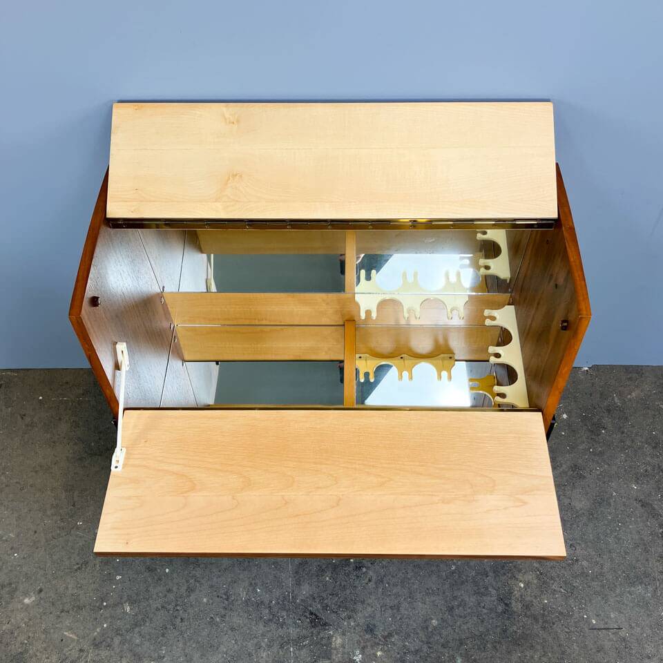 Rolling bar cabinet with interior mirrors, walnut, 60s, vintage