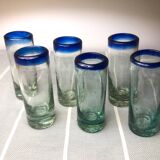 Handmade cobalt blue tequila glasses made of recycled glass