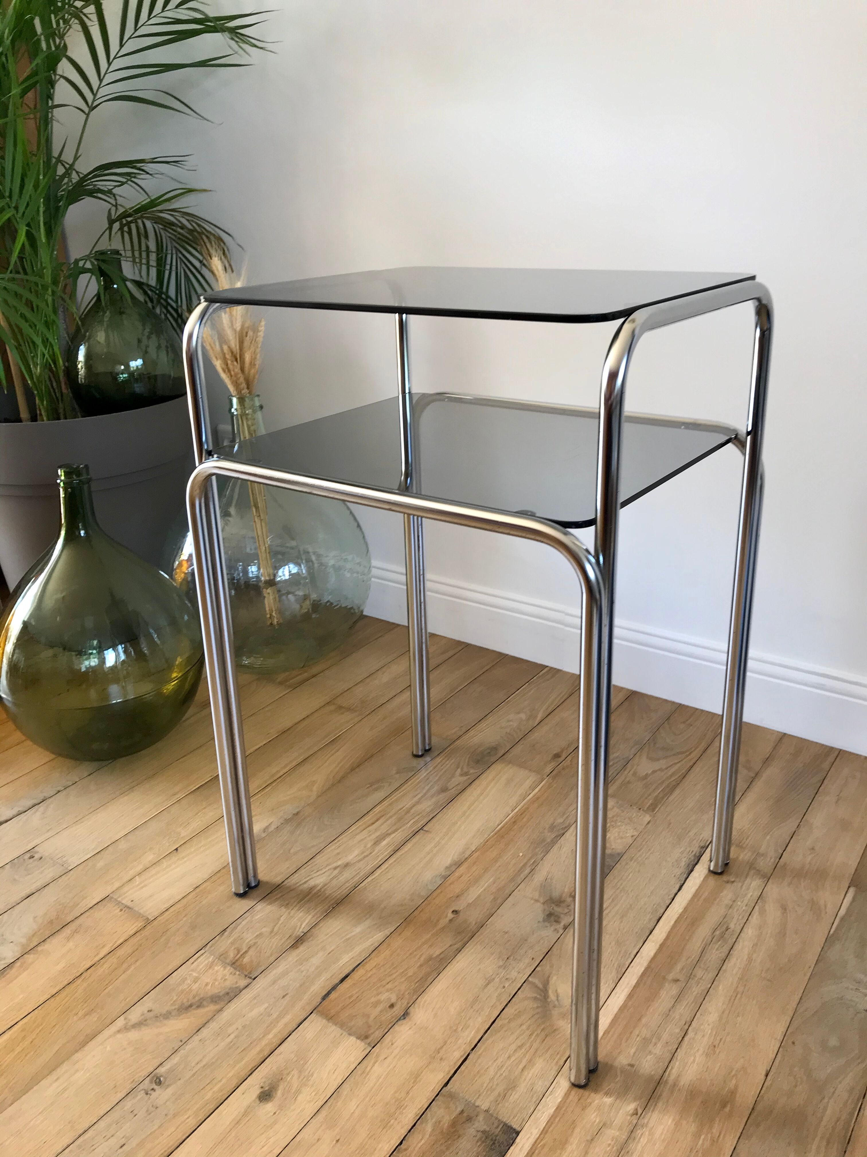 Side table in chrome and smoked glass 70s