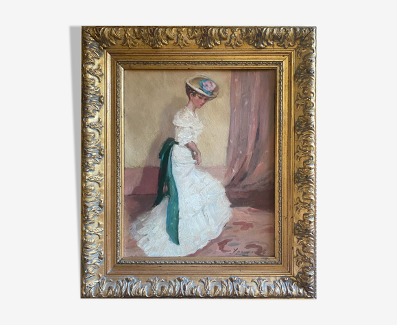 Tableau HST "Femme au ruban" signé & tampon milieu XX° cf. F. C. Frieseke
