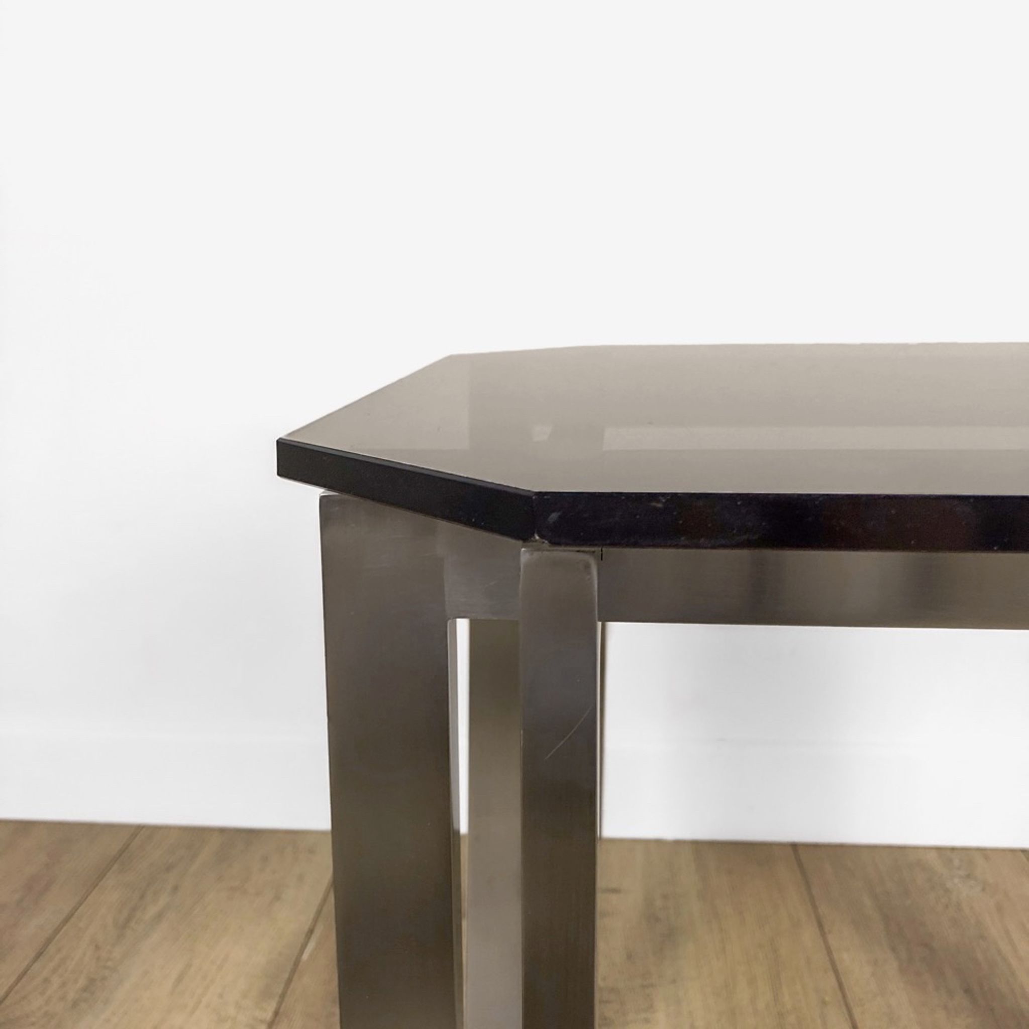 Brushed stainless steel design side table and 70s smoked glass