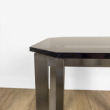 Brushed stainless steel design side table and 70s smoked glass