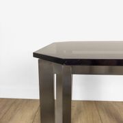 Brushed stainless steel design side table and 70s smoked glass