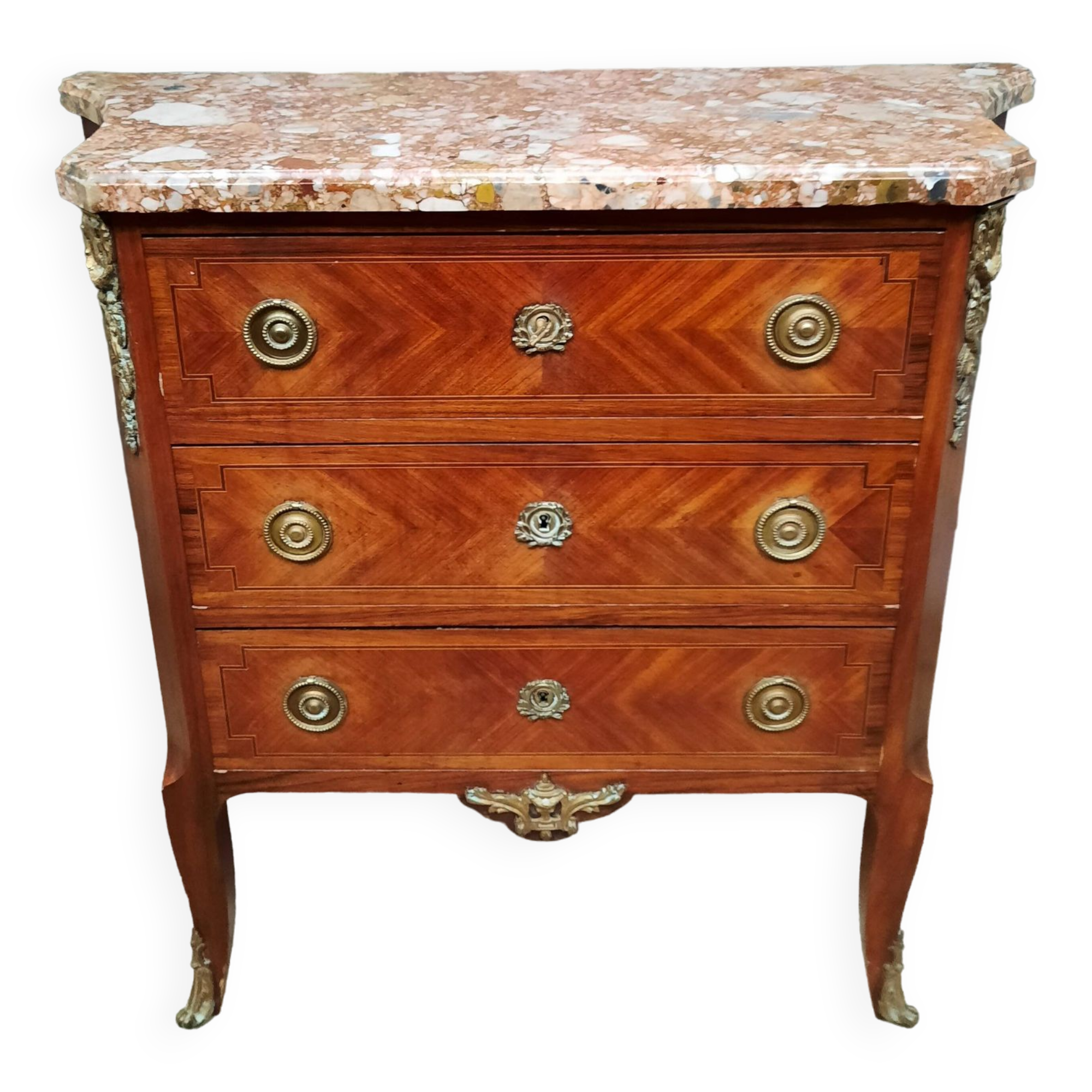 Transitional marquetry chest of drawers