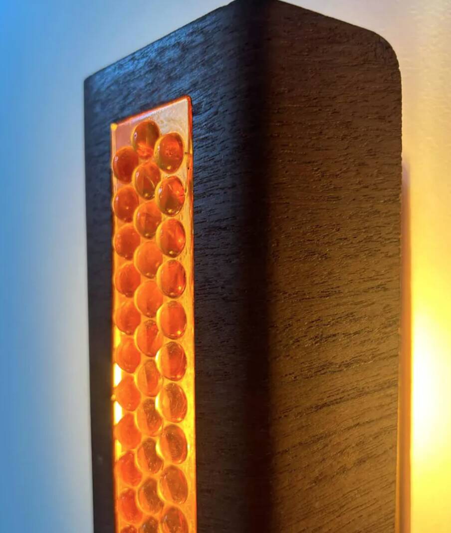 Pair of vintage wall lights, teak and amber glass, Sweden 1960