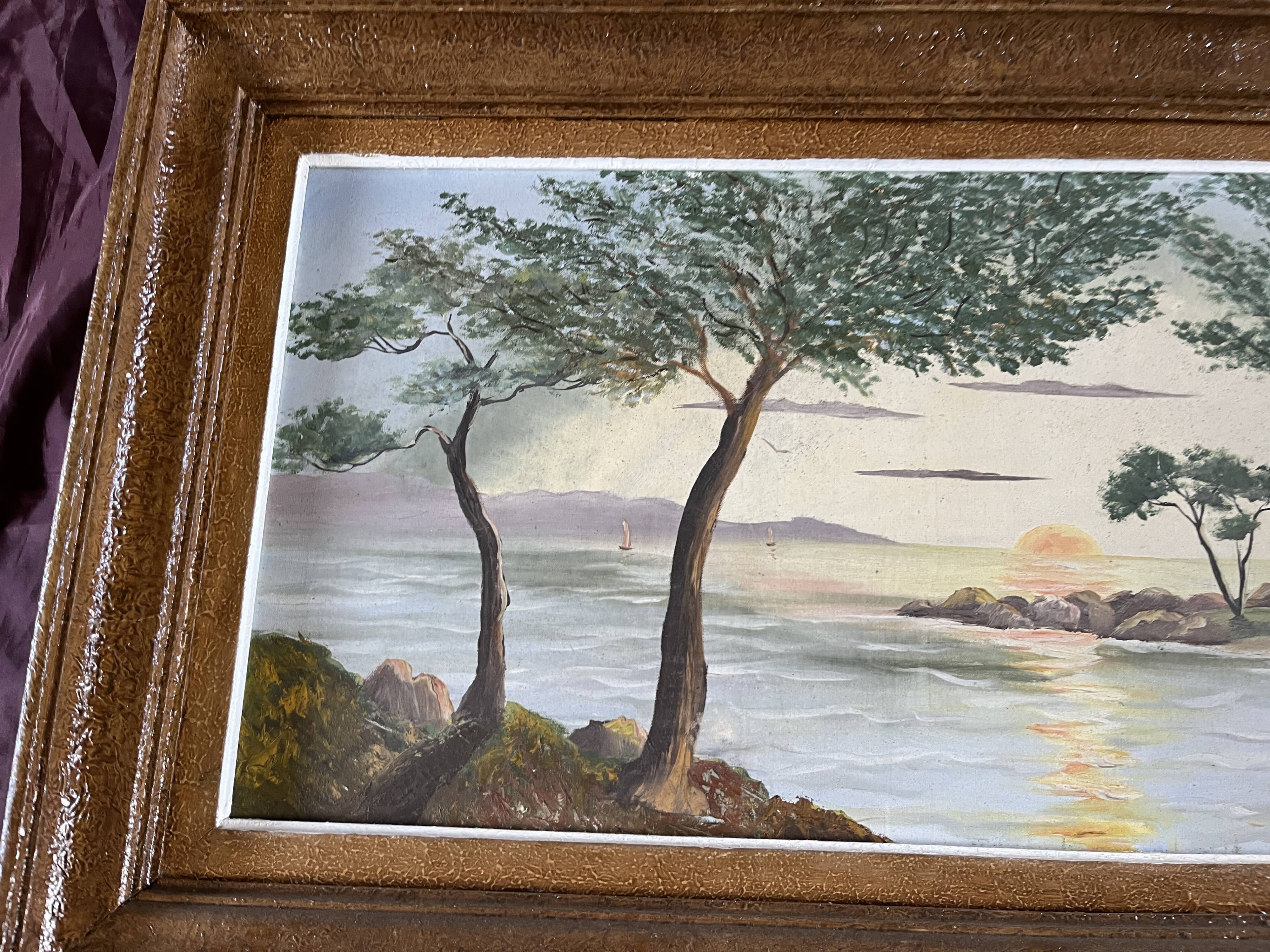 Vintage seascape painting at sunset, signed Marcki