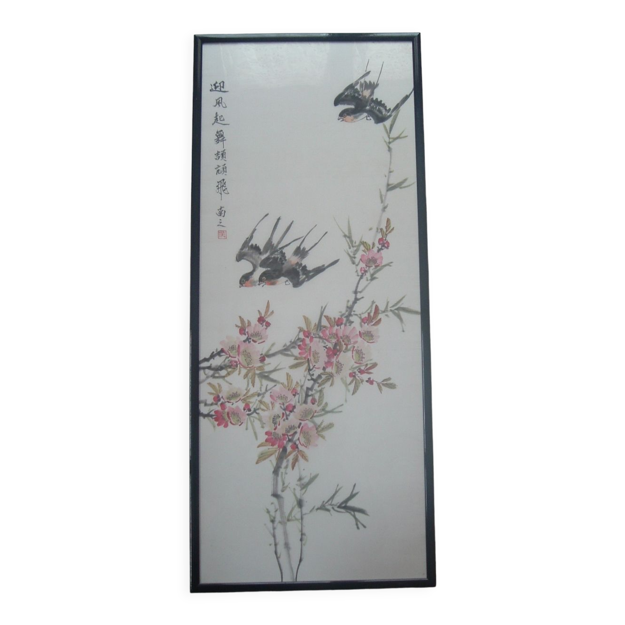 Framed chinese painting on silk, swallows flying on cherry blossoms, south china xx°
