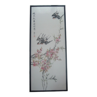 Framed chinese painting on silk, swallows flying on cherry blossoms, south china xx°