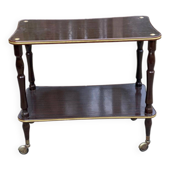 Vintage rosewood serving trolley with double gold tray on wheels