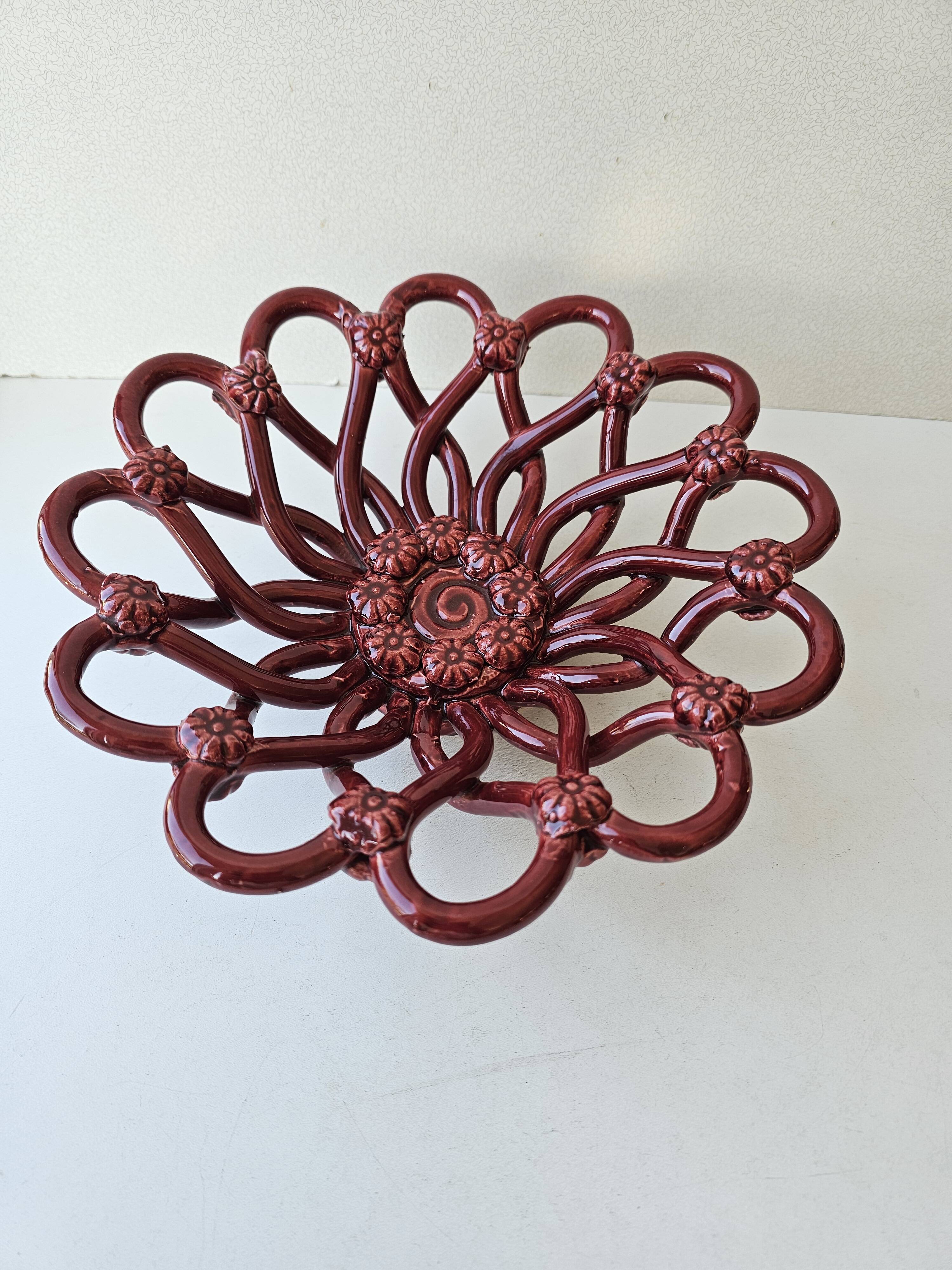 Vintage woven ceramic fruit bowl Barbotine Vallauris Mass style