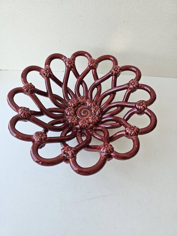 Ancienne Coupe à fruits tressée en ceramique Barbotine Vallauris style Mass