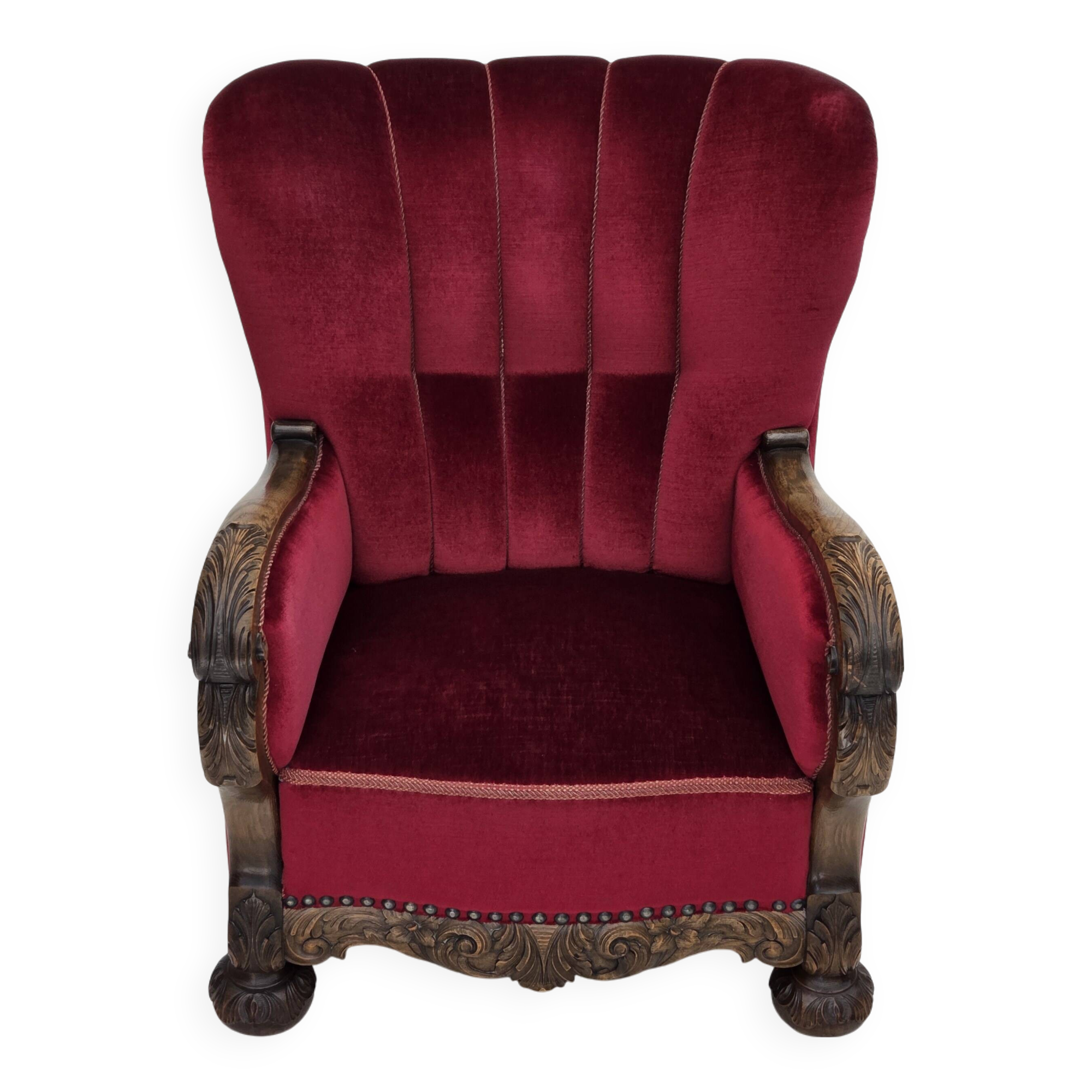 1960s, Danish relax chair, cherry-red furniture velour, oak wood.