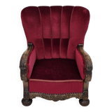 1960s, Danish relax chair, cherry-red furniture velour, oak wood.