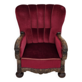 1960s, Danish relax chair, cherry-red furniture velour, oak wood.