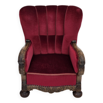 Fauteuil relax danois des années 1960, velours rouge cerise, bois de chêne.