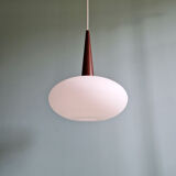 Scandinavian pendant light in teak and white opaline, Louis Kalff, Philips, 1960.