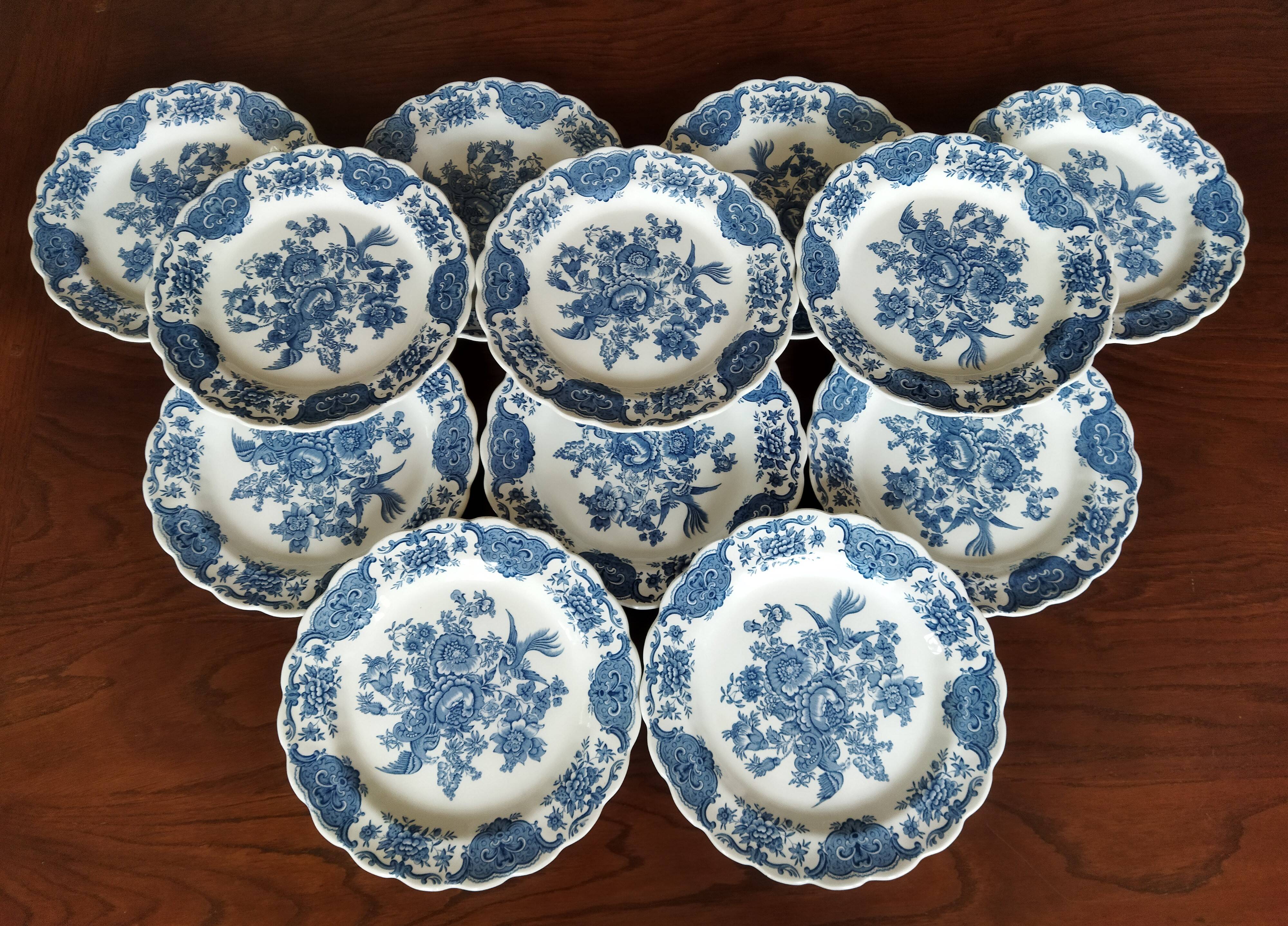 12 English dinner plates Ridgway "Windsor" ("Asiatic Pheasants") blue & white