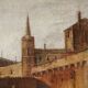 Ancient painting of a Mediterranean port scene, oil on canvas, 18th century.