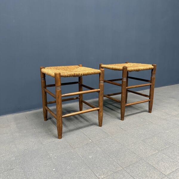 Ensemble de tabourets hollandais en bois de hêtre avec assise en paille