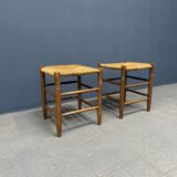 Set of Dutch beechwood stools with rush seat