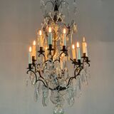 Black patinated bronze cage chandelier decorated with cut crystal pendants circa 1900