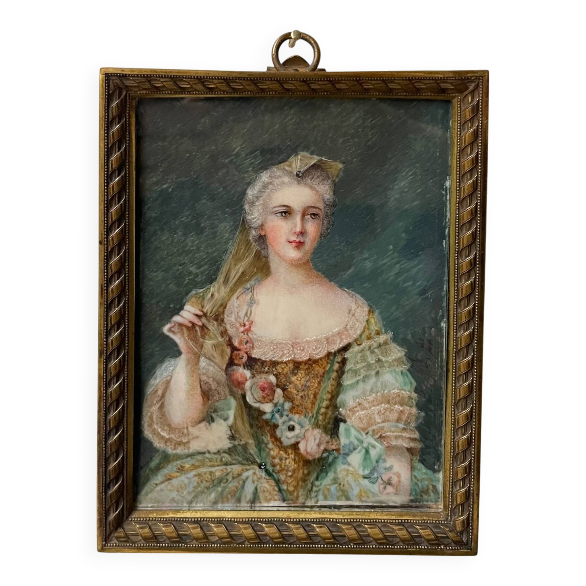 19th-century miniature depicting an 18th-century woman, bronze frame
