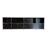 USM Haller sideboard, black RAL 9011, 8 compartments with 4 flaps and 1 pull-out shelf, Switzerland, 2000s