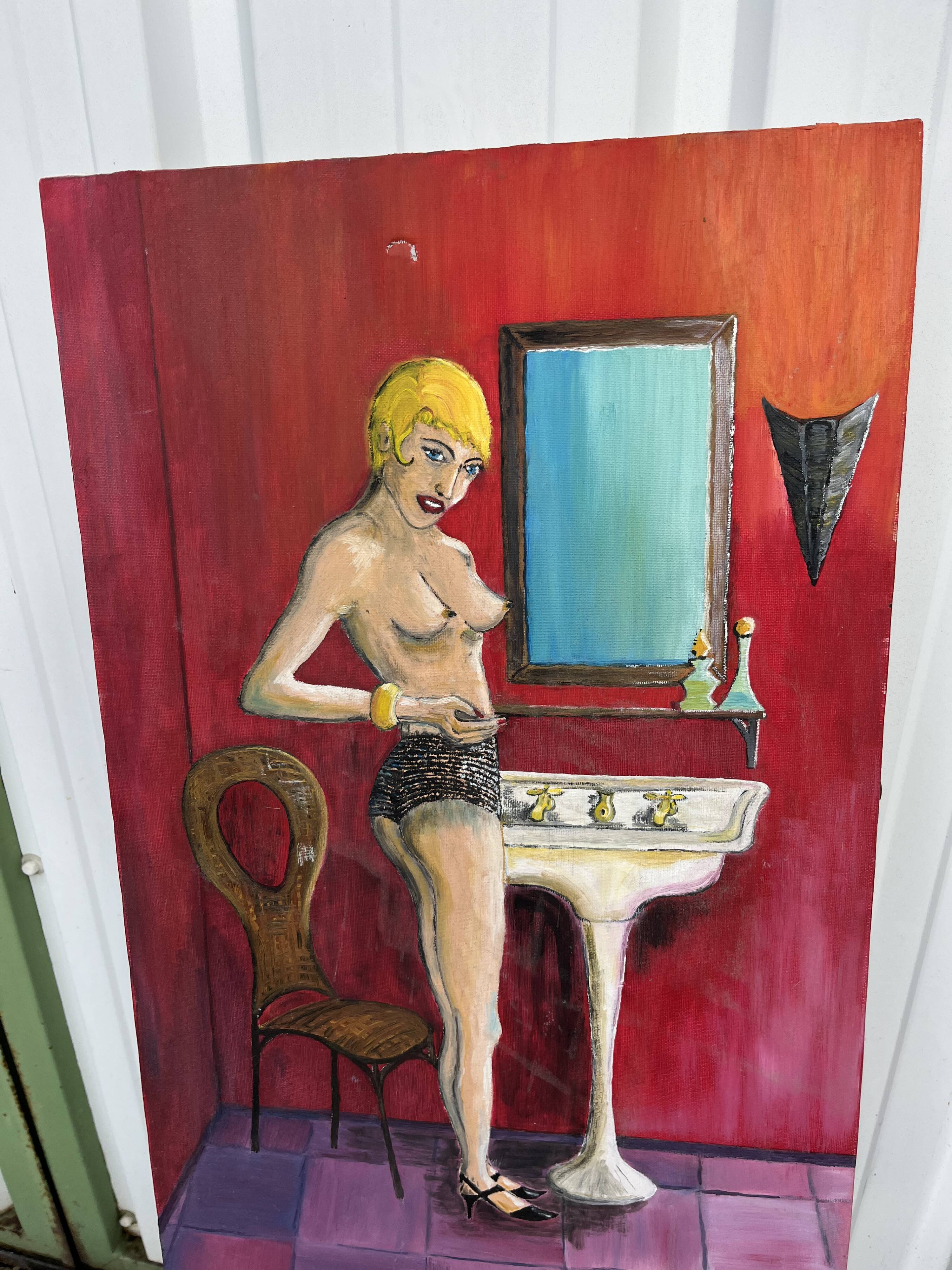 Painting Woman in the Bathroom - Signed Danon, Art Deco Style