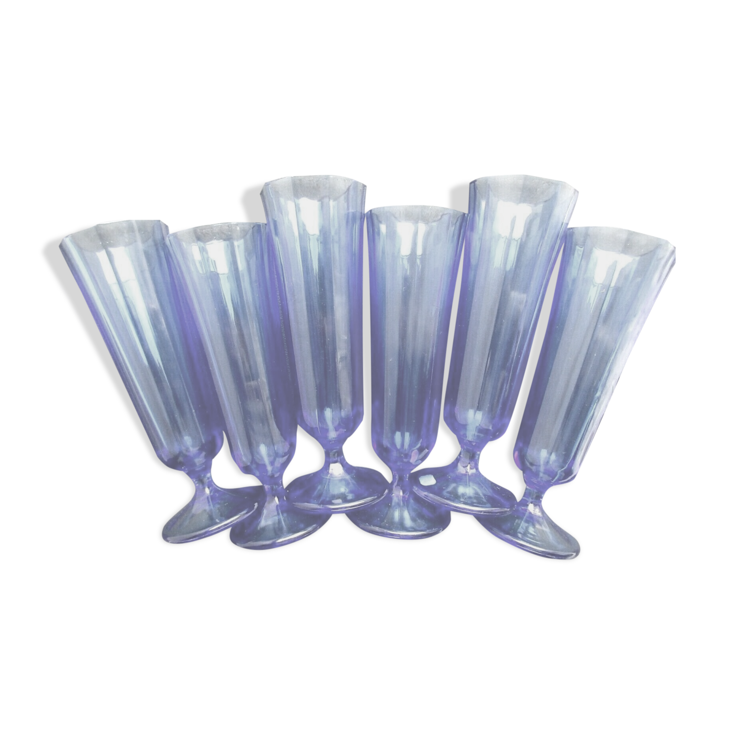 6 Art Deco champagne flutes blue glass cut from 10 flat ribs on peedouche