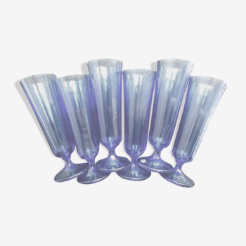 6 Art Deco champagne flutes blue glass cut from 10 flat ribs on peedouche