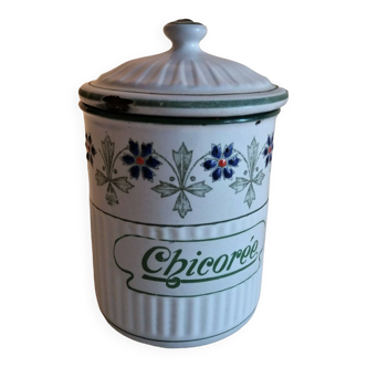 Spice box jar enamelled sheet metal B.B. chicory cures with blueberries