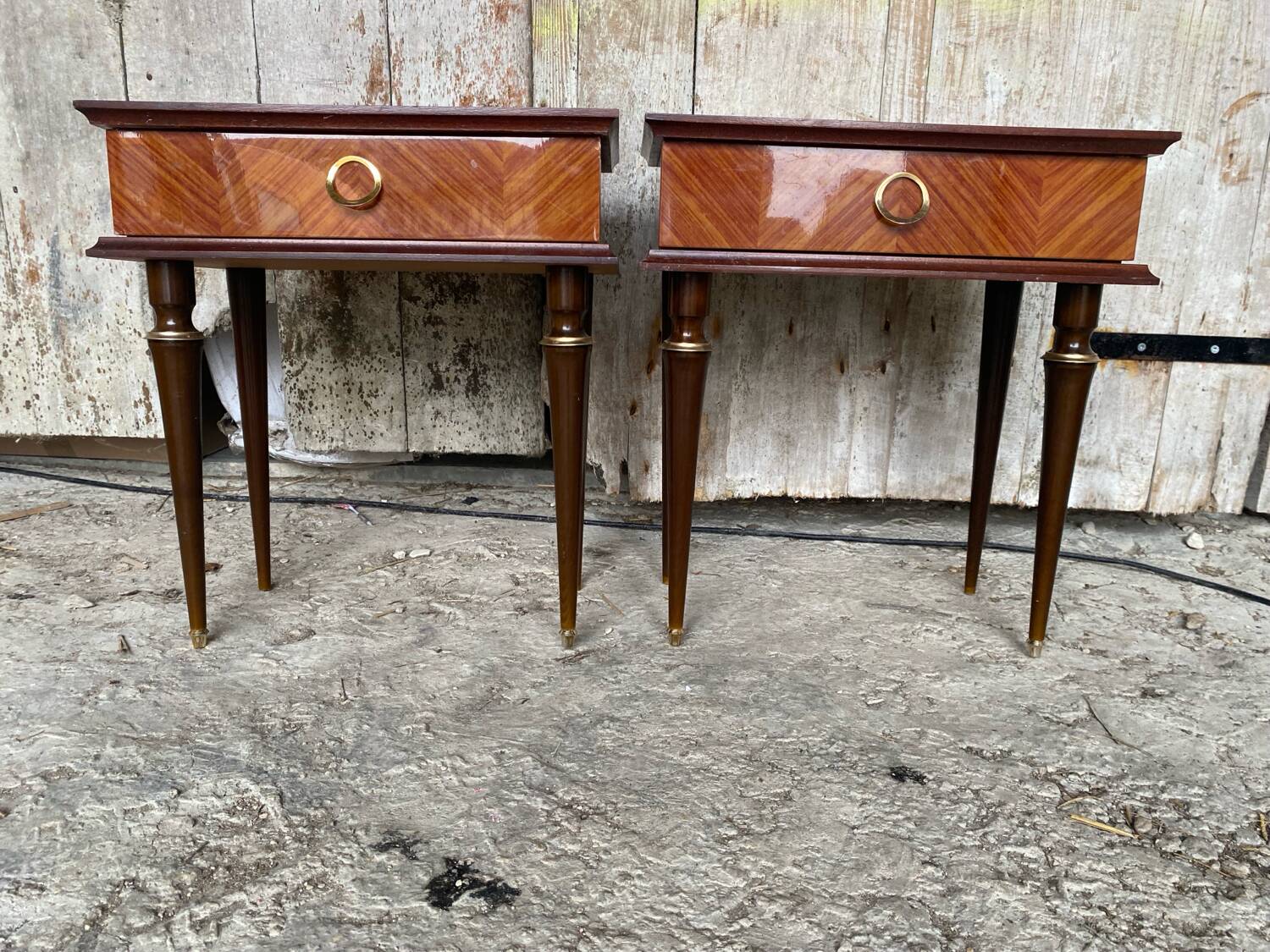 Nightstand Pair Wooden Drawer Compass Legs Vintage #D505