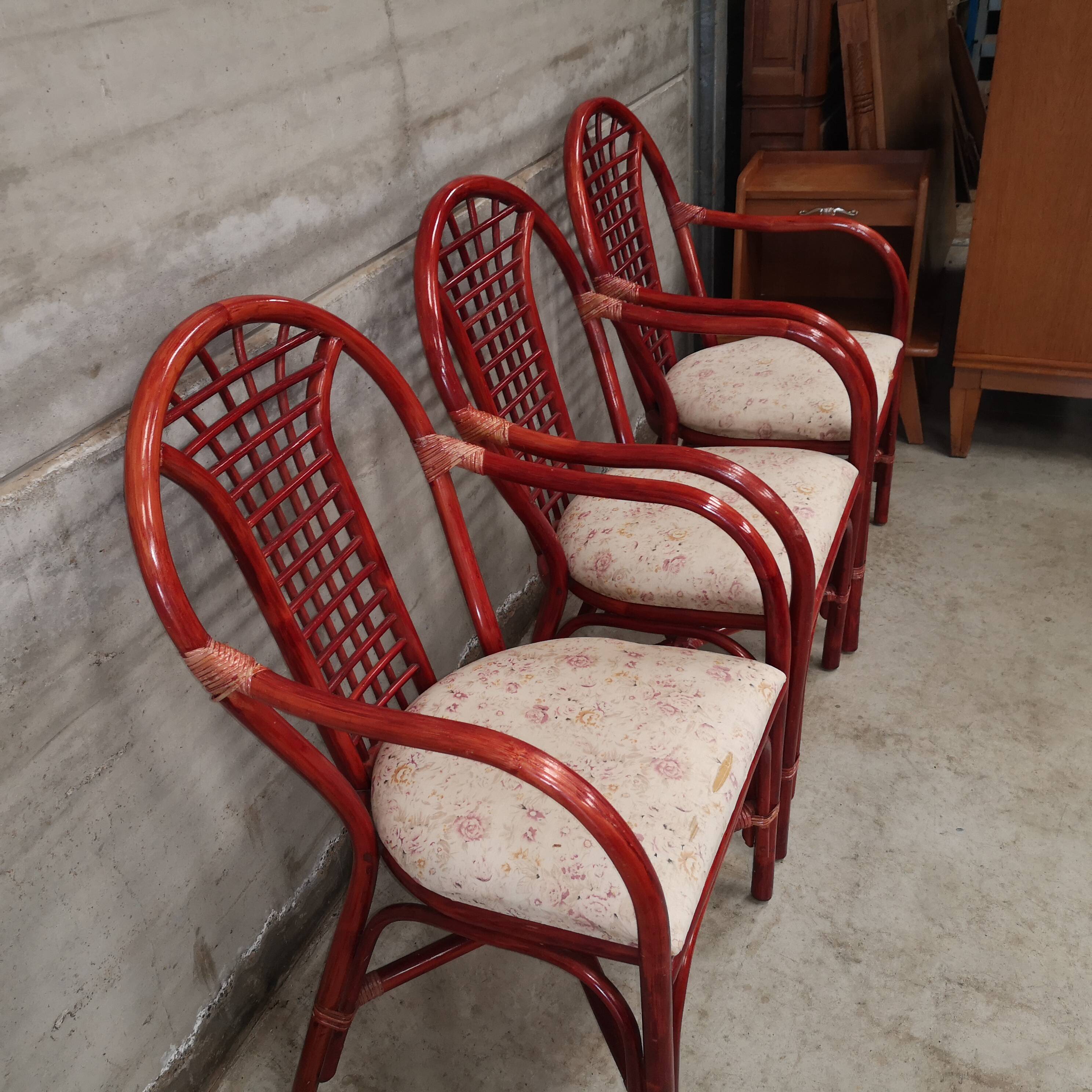3 fauteuils chaises en rotin et osier assise en tissu vintage 1970 1980