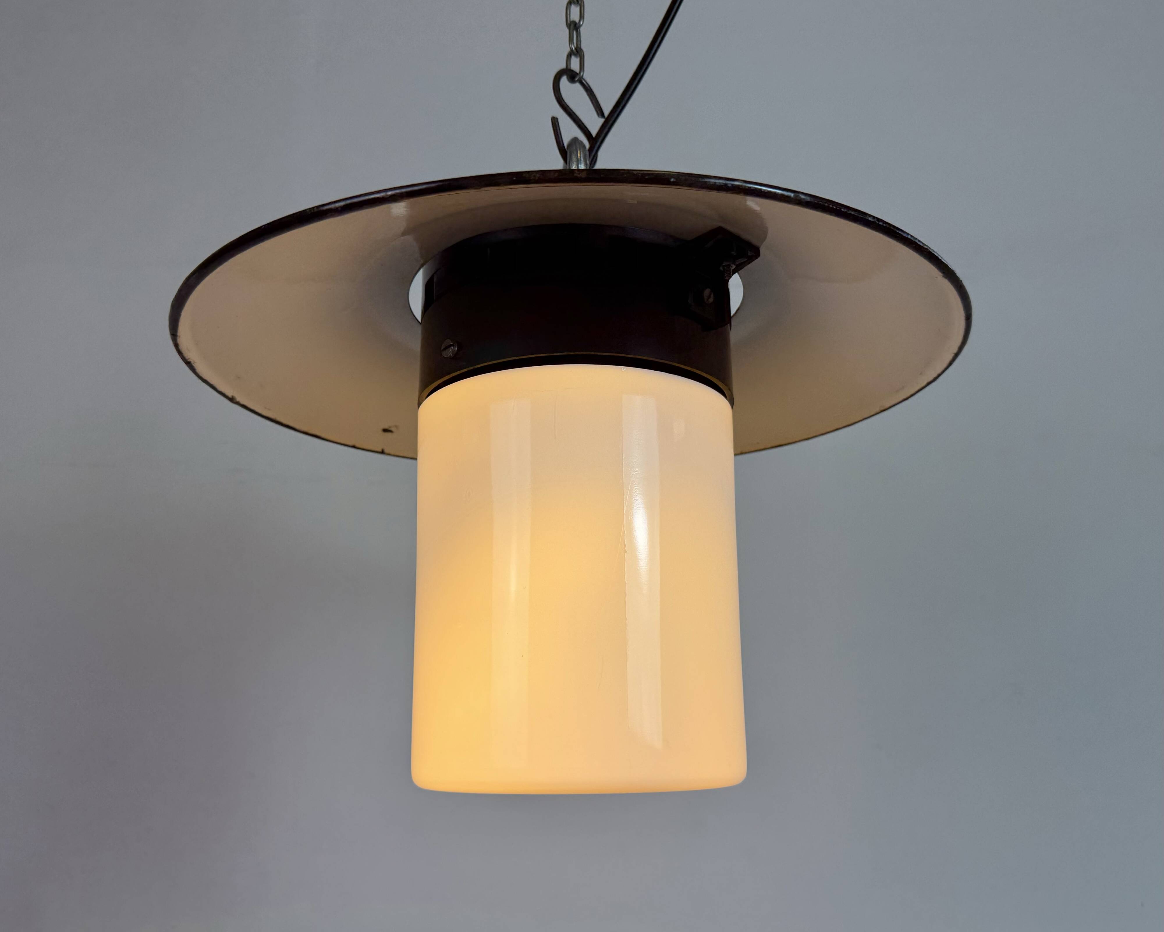 Industrial Grey Enamel Pendant Lamp with Milk Glass, 1960s