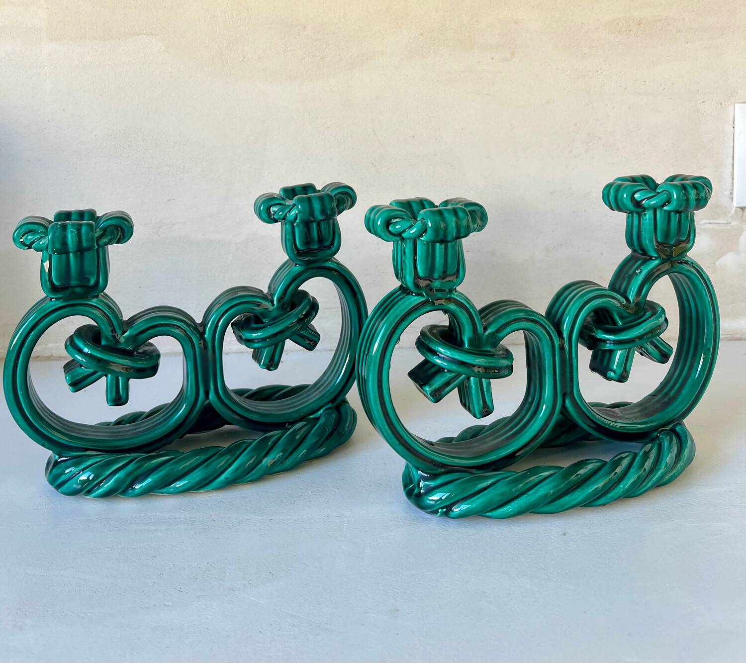 Pair of Vallauris candlesticks in woven ceramic