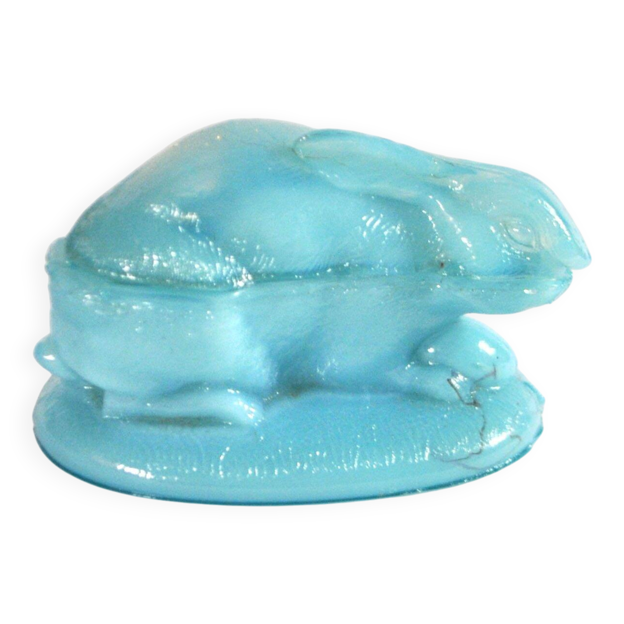 Vallerysthal easter rabbit box in blue opaline from 1900