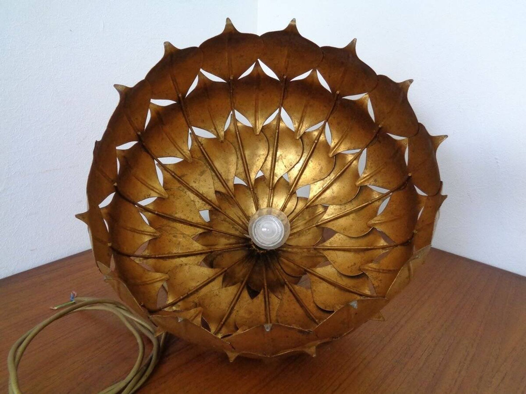 Large French Brass Lotus Ceiling Lamp, 1940s