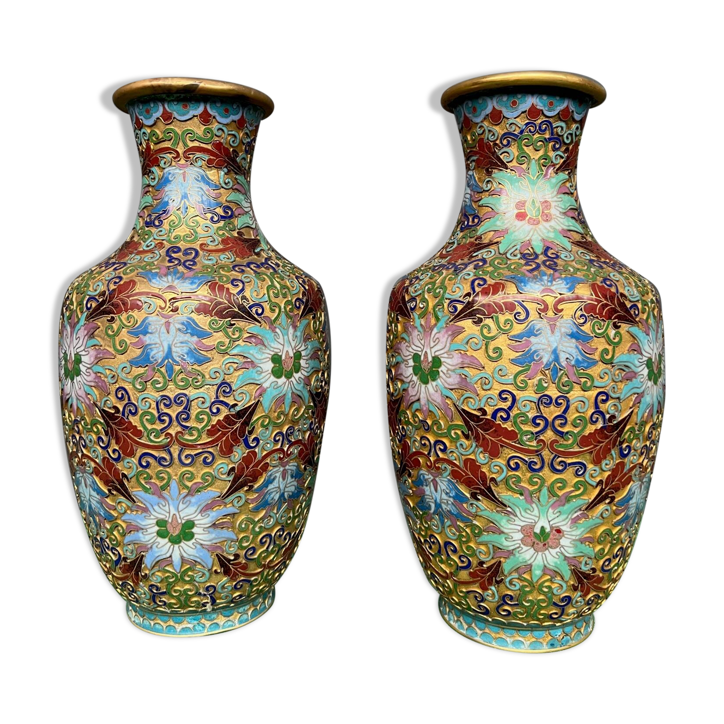 Pair of Chinese bronze vases decorated with cloisonné enamel.