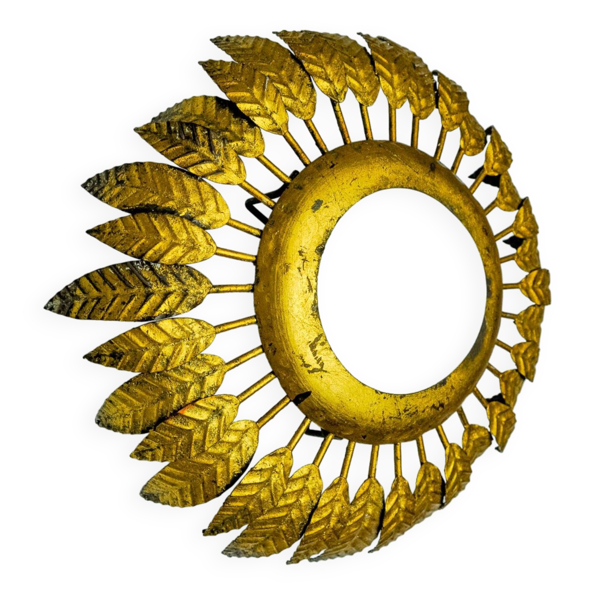 Sun wall lamp by ferro arte, metal and gold leaf and opaline glass, Spain, 1960