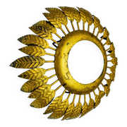 Sun wall lamp by ferro arte, metal and gold leaf and opaline glass, Spain, 1960