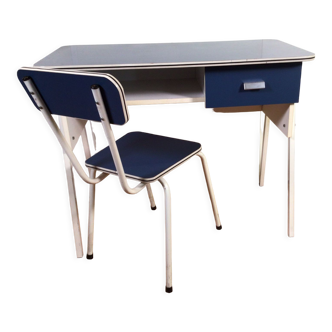 Bureau vintage en formica bleu et blanc avec chaise