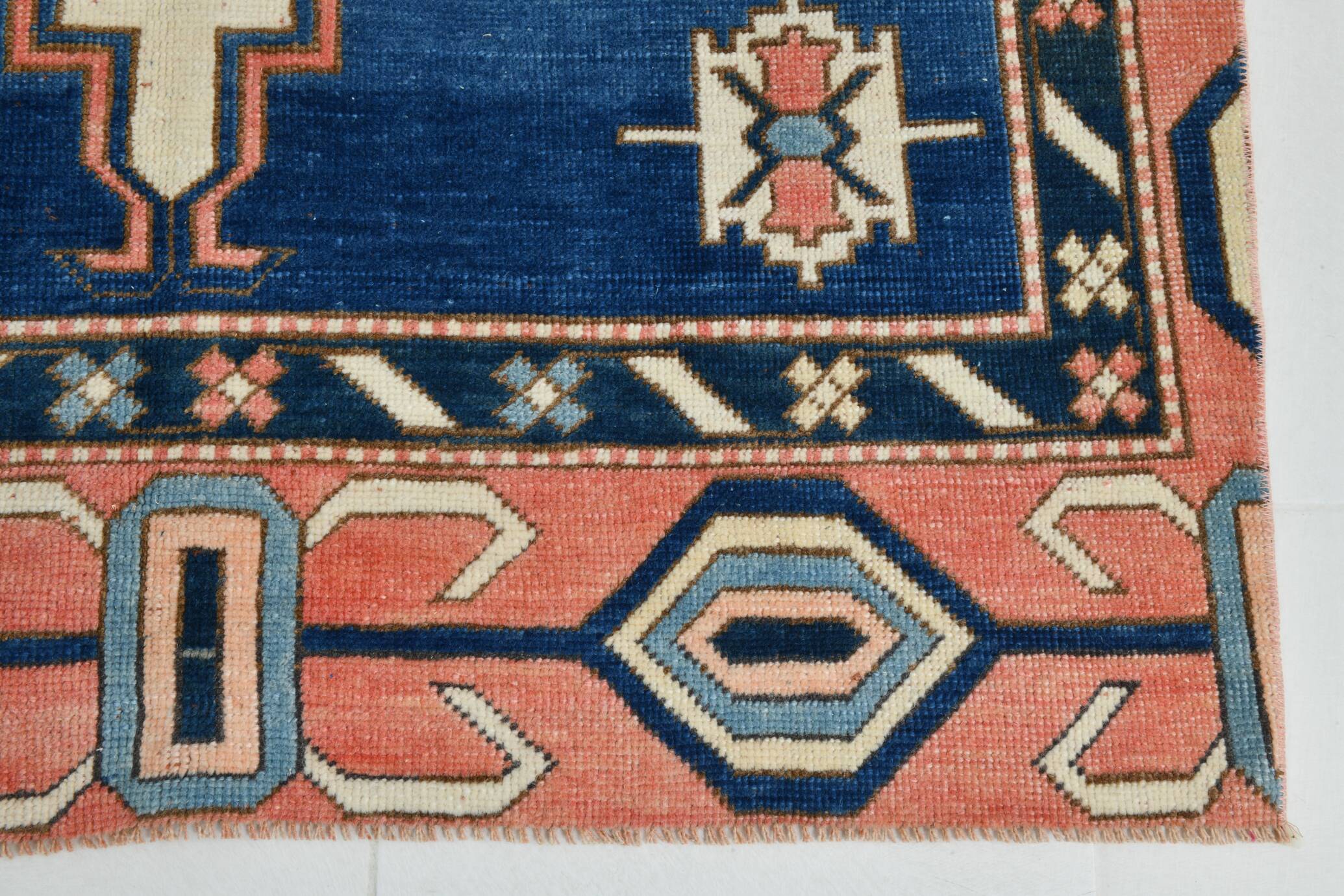 Tapis Vintage Géométrique Bleu et Rose Fait Main – Style Oriental,128x265Cm